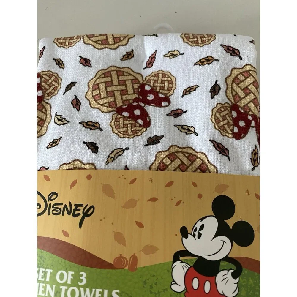 3 Pack Disney Mickey Minnie Mouse Autumn Fall Pie Leaves Kitchen Towels 16 X 26”